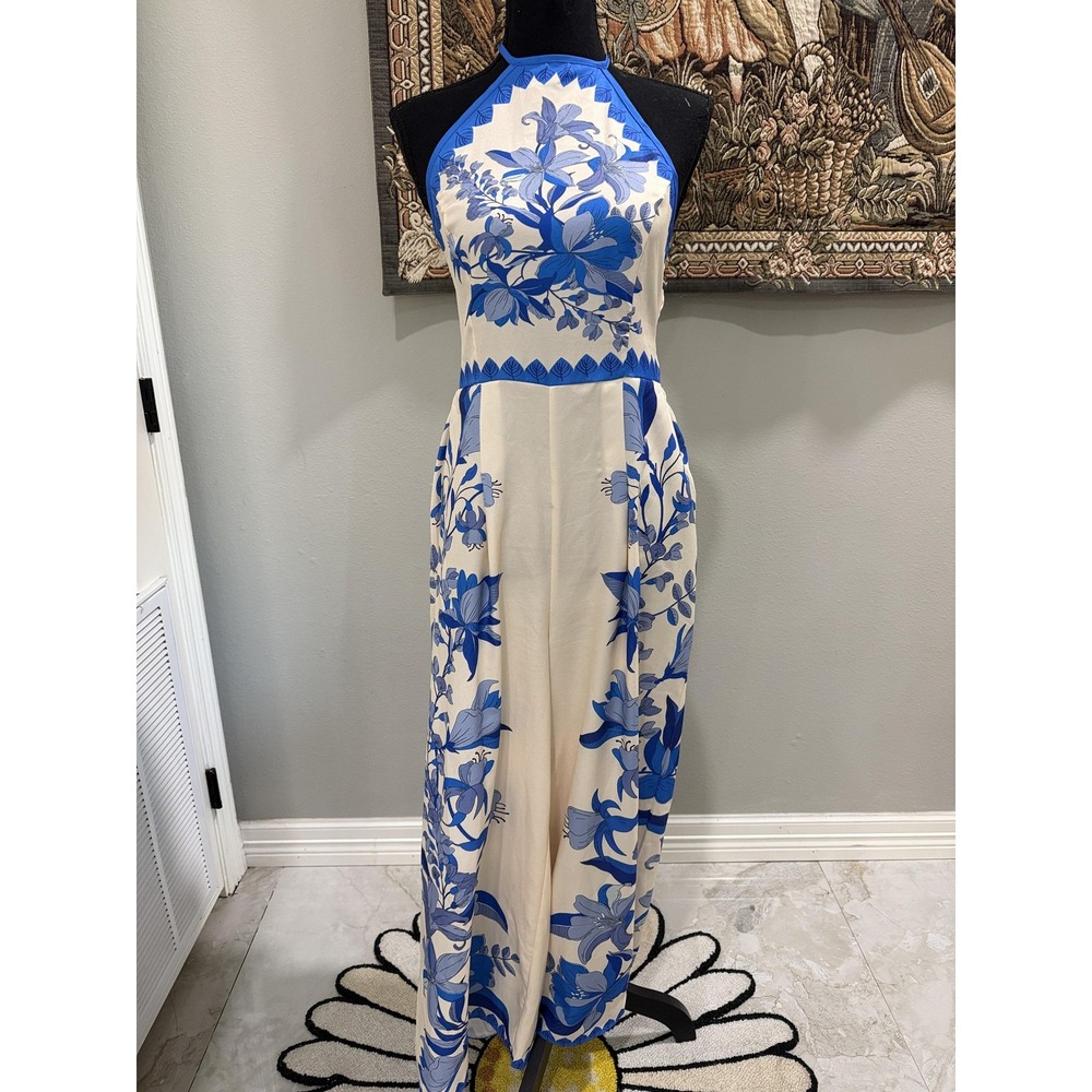 SheIn Jumpsuit Womens Large White Blue Floral Halter Backless Wide Leg Tie Back